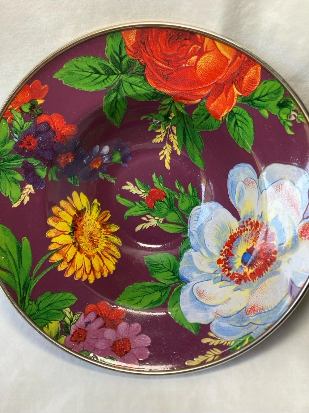 Mackenzie Childs Purple Plum Flower Market Enamelware Salad Soup Bowl 7.75”